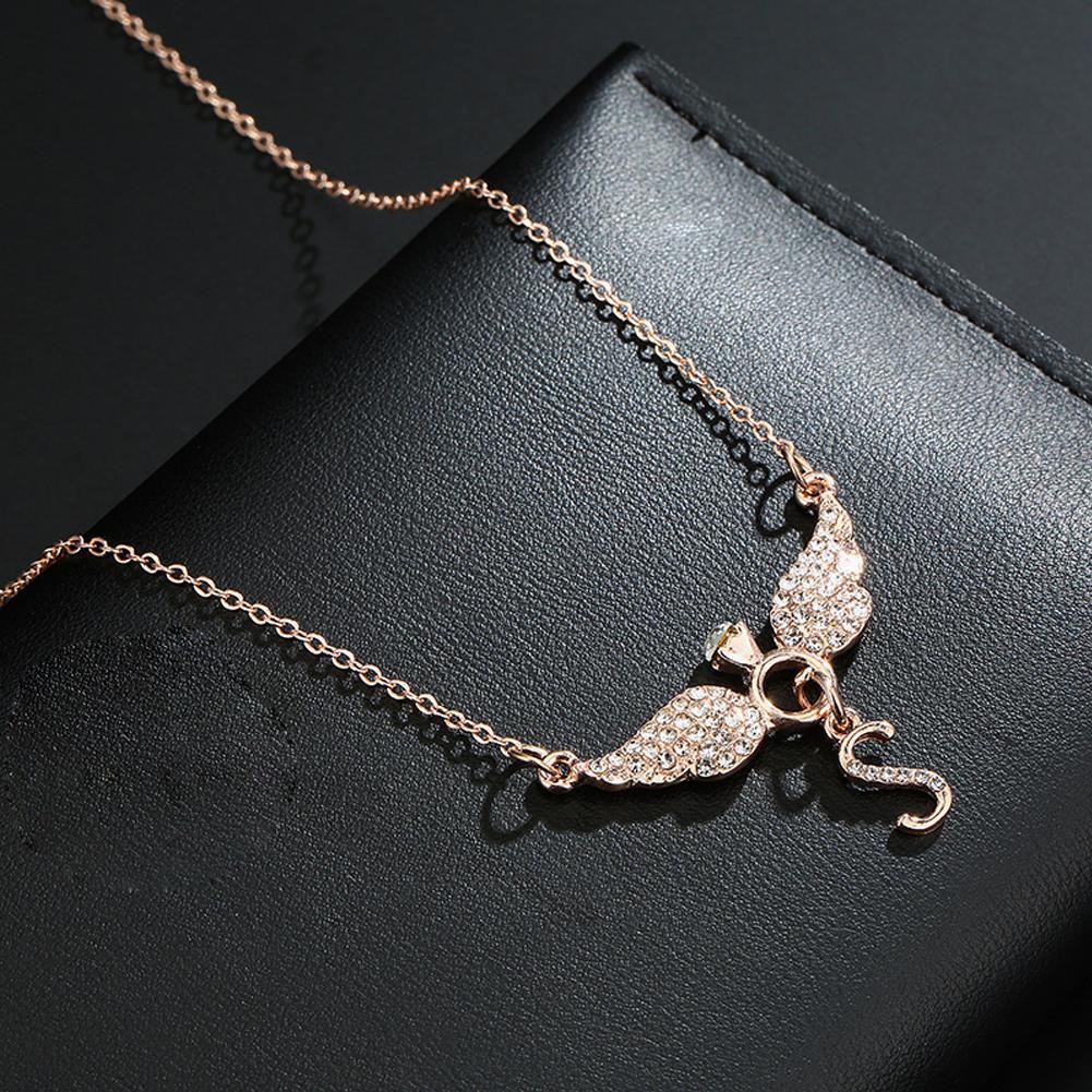 Rhinestone Inlaid Letter S Angel Wing Pendant Chain Necklace Women Jewelry Necklace Women Angel Wing Pendant Angel Charm Gifts