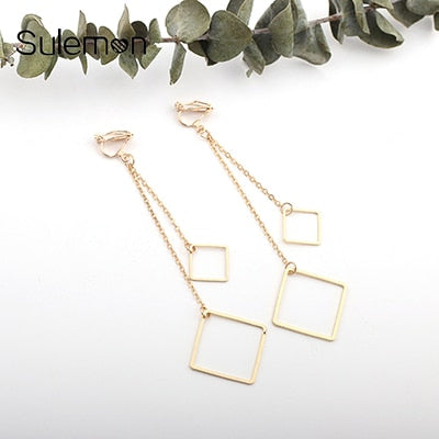 Rhombus Tassel Chain Clip On Earrings Women Girl Fashion No Ear Hole Earring Double Pendant Simple Style Geometric Jewelry CE44
