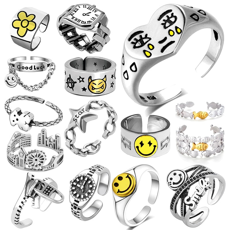 Ring For Women Girls Charm  Smiley  Men Jewelry Vintage Ancient Silver Color Happy Smiling Punk Hip Hop Adjustable Boho