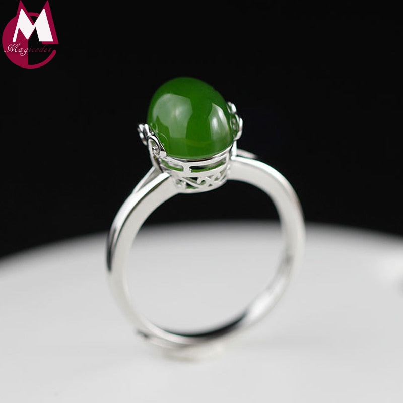 Ring For Women Natural Stone Oval Jasper Classic Hollow Design Adjustable Finger Accessories Real Sterling Silver 925 Jewelry