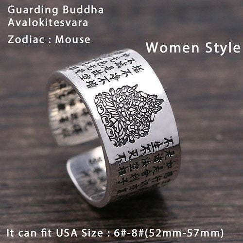 Ring S999 Sterling Silver Buddhist Heart Sutra Zodiac Signs Adjustable Ring Women Men gift Fine Jewelry FR64