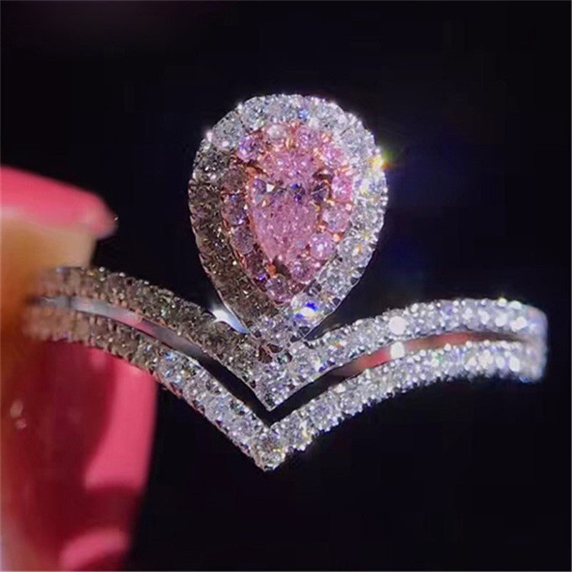 Rings For Women Fine Jewelry Sterling S925 Silver Water Drop Pear Shape Crown Pink Cubic Zirconia Wedding Engagement Bride Bague