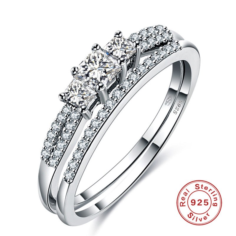 Rings For Women S925 Sterling Silver Fine Jewelry Olive Green Square Stone Cubic Zirconia Double Ring Wedding Bride Accessories