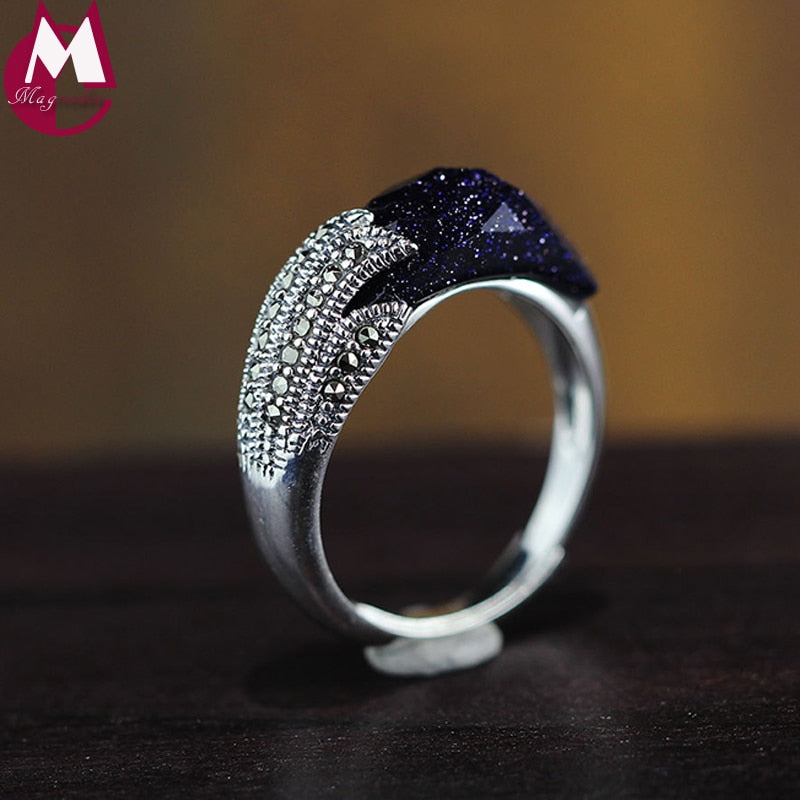 Rings classic cut blue sandstone phoenix tail design 100% sterling thai silver 925 jewelry gemstone anniversary gift RR99