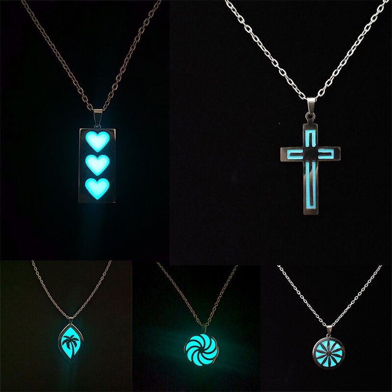 Rinhoo Luminous Necklace Glowing In The Dark  Heart Cross Perndant Stainless Steel Punk Necklace Jewelry for Men Women