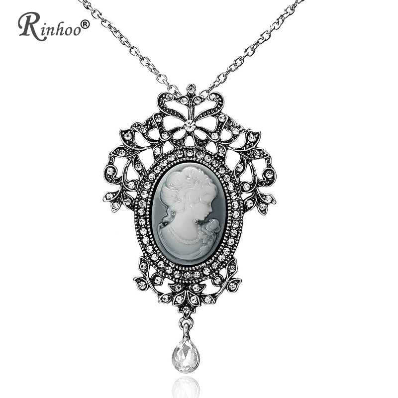 Rinhoo Necklaces & Pendants Jewelry For Women Vintage Cameo Queen Flower Beauty Head Crystal Pendant Necklace Sweater Long Chain
