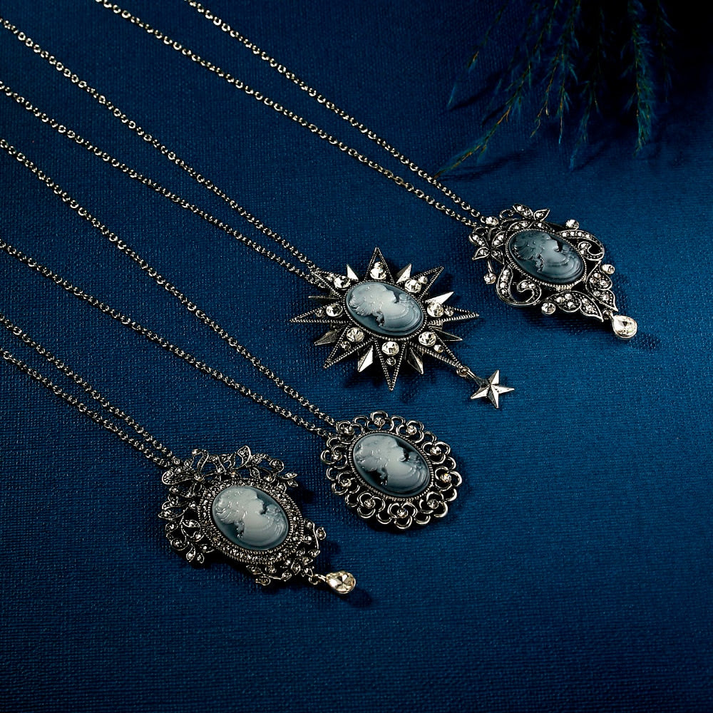 Rinhoo Necklaces & Pendants Jewelry For Women Vintage Cameo Queen Flower Beauty Head Crystal Pendant Necklace Sweater Long Chain