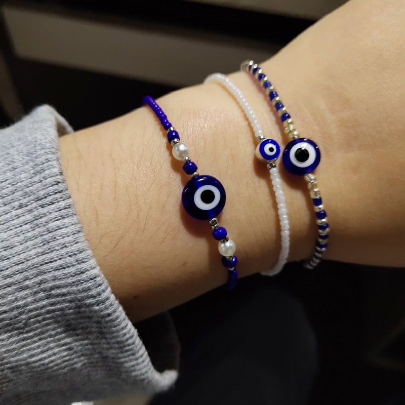 Rinhoo   Handmade Vintage Rhinestone Palm Blue Evil Eye Pendant Link Chain Bracelet For Women Men Good Luck Bracelet