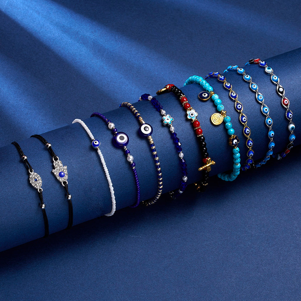 Rinhoo   Handmade Vintage Rhinestone Palm Blue Evil Eye Pendant Link Chain Bracelet For Women Men Good Luck Bracelet