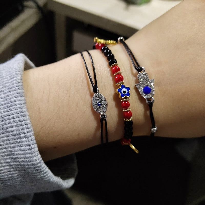 Rinhoo   Handmade Vintage Rhinestone Palm Blue Evil Eye Pendant Link Chain Bracelet For Women Men Good Luck Bracelet