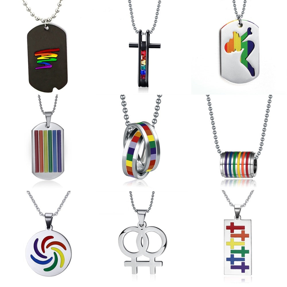 Rinhoo Stainless Steel Lesbian Gay Pride LGBT Pendent Necklace Men Women Rainbow Charm Necklace Jewelry