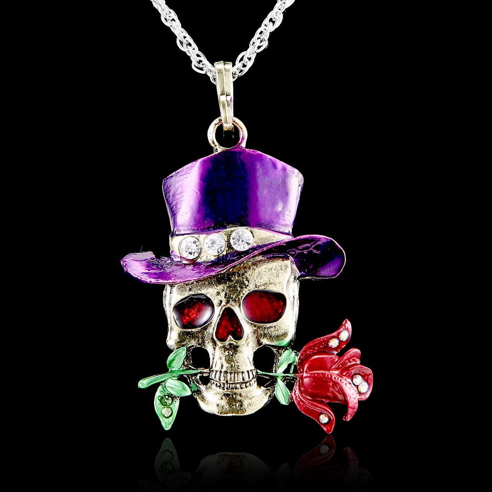 Rinhoo Retro Skull Head Rose Flower Pendant Necklace Halloween Party Necklace Jewelry Unisex