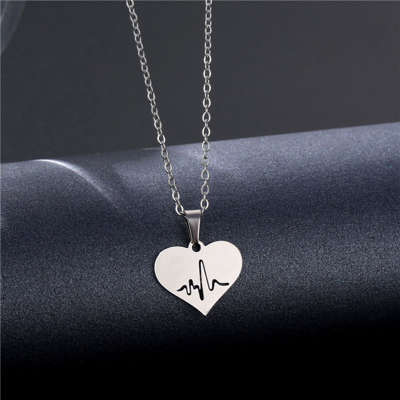 Rinhoo Stainless Steel Silver Color Heart-shaped Electrocardiogram Pendant Necklace For Women Men Necklaces Jewelry Birthday