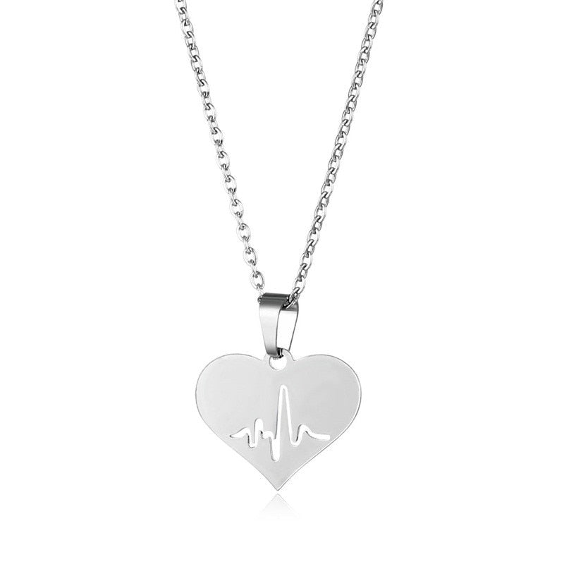 Rinhoo Stainless Steel Silver Color Heart-shaped Electrocardiogram Pendant Necklace For Women Men Necklaces Jewelry Birthday