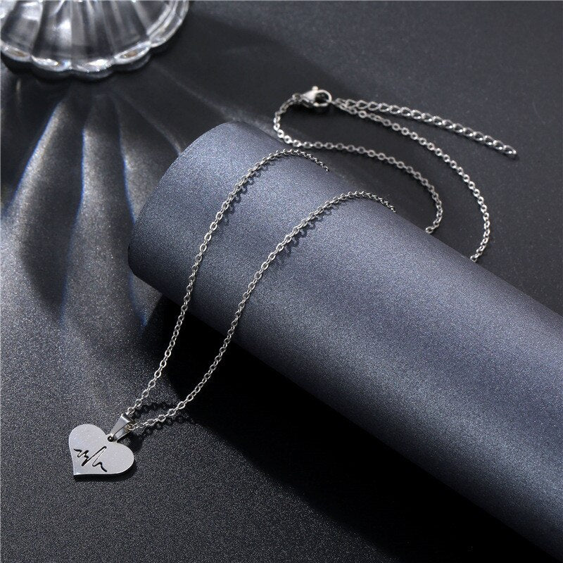 Rinhoo Stainless Steel Silver Color Heart-shaped Electrocardiogram Pendant Necklace For Women Men Necklaces Jewelry Birthday