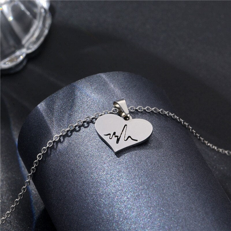 Rinhoo Stainless Steel Silver Color Heart-shaped Electrocardiogram Pendant Necklace For Women Men Necklaces Jewelry Birthday