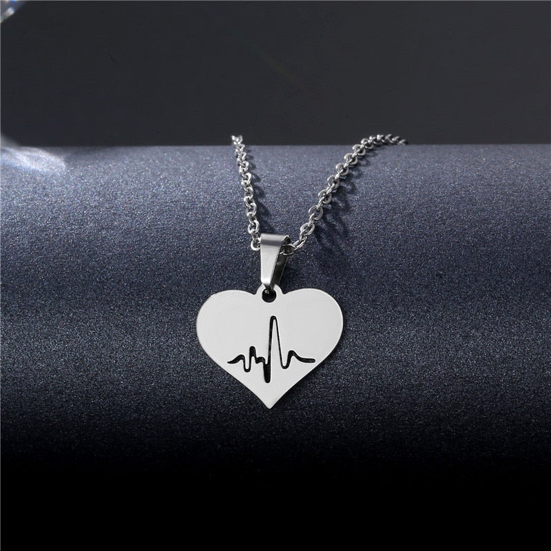 Rinhoo Stainless Steel Silver Color Heart-shaped Electrocardiogram Pendant Necklace For Women Men Necklaces Jewelry Birthday