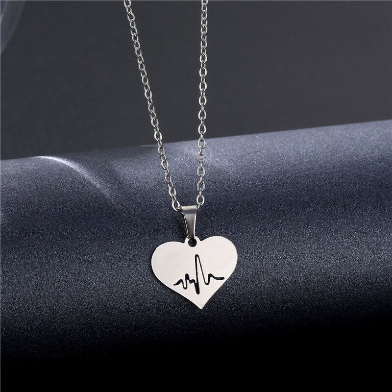Rinhoo Stainless Steel Silver Color Heart-shaped Electrocardiogram Pendant Necklace For Women Men Necklaces Jewelry Birthday