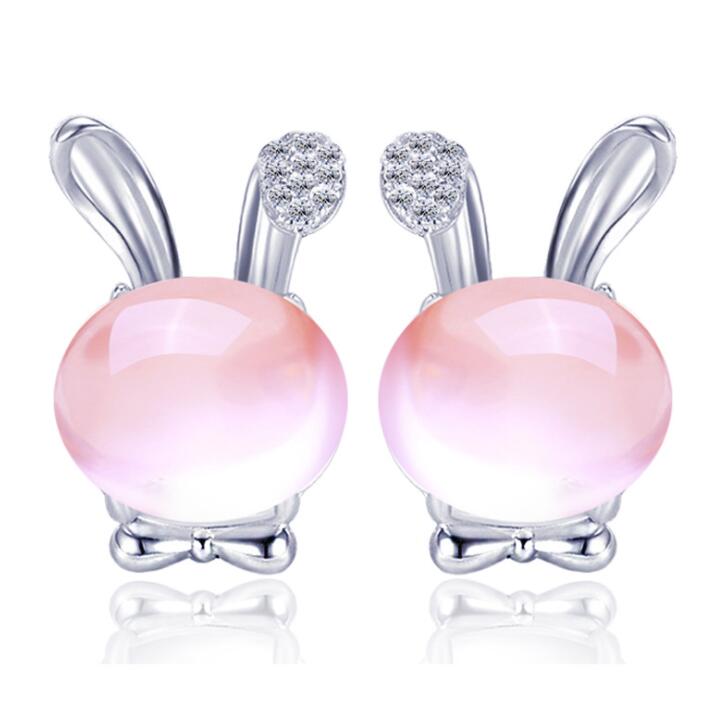 100% 925 Sterling Silver Stud Earrings For Women Rose Quartz Rabbit Shape With AAA Dazzling 2 Colors Gift Jewelry PSE32