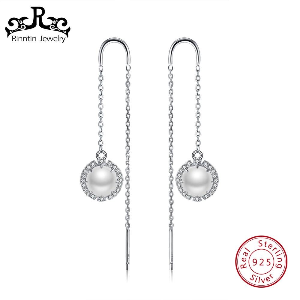 100% Real 925 Sterling Silver Women Dangle Earrings Long Chain Earring 9mm High Quality Simulated Pearl Jewelry TSE74-Z