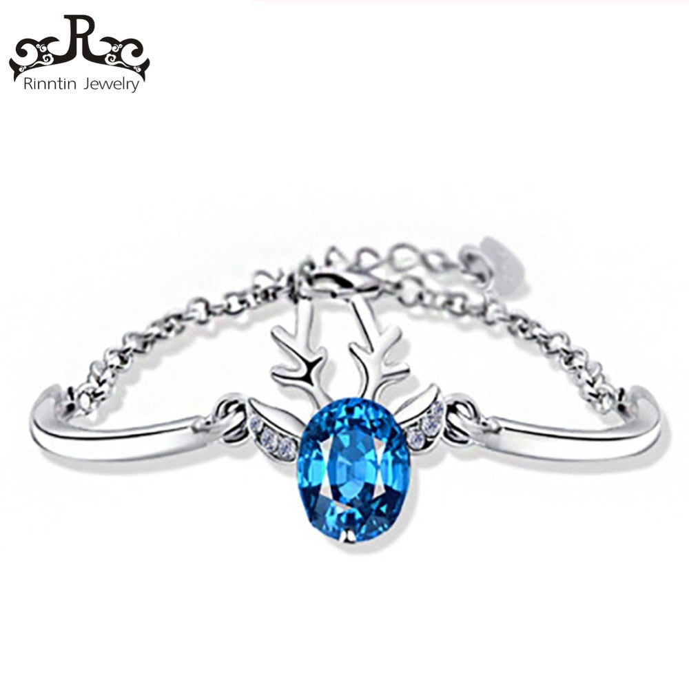 100% Real S925 Sterling Silver Chain Bracelet Deer Antlers Bracelets with Blue AAA Zircon Animal of Elk Bracelet TPSB01