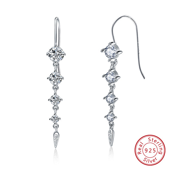 100% S925 Sterling Silver Long Dangle Earrings White AAA Cubic Zircon Engagement Wedding Party Female Drop Earring TSE52