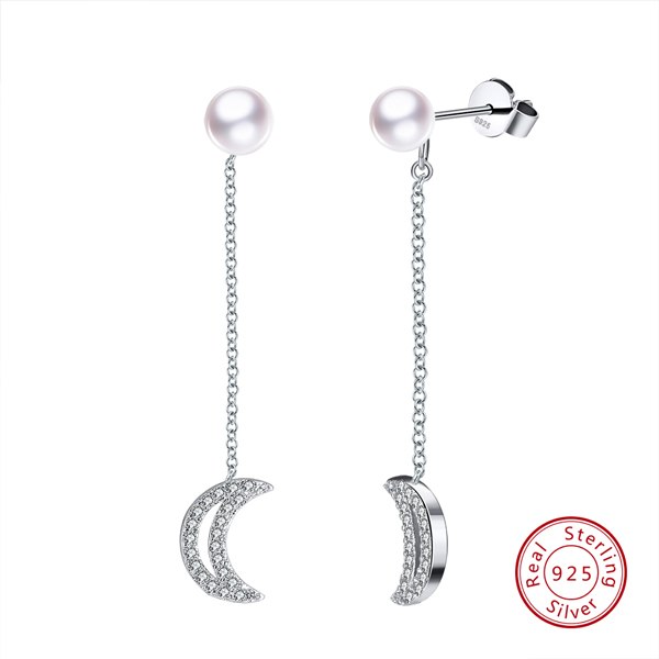 100% Sterling Silver Drop Pearl Earrings for Women Long Drop AAA Cubic Zirconia Crescent Moon S925 Earrings TSE63