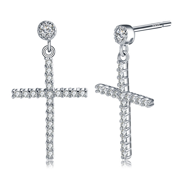 100% Sterling Silver Stud Cross Earring with Shiny AAA Cubic Zircon Classic Engagement Party Women Girl Jewelry TSE37
