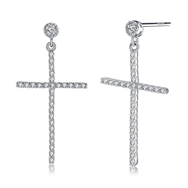 100% Sterling Silver Stud Cross Earring with Shiny Cubic Zircon Classic Engagement Party Jewelry Women Accessories TSE36