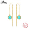 Genuine 925 Sterling Silver Tassel Drop Earrings Ear Wire Long Chain Fine Turquoise Cat Eye Stone Party Jewelry TSE74