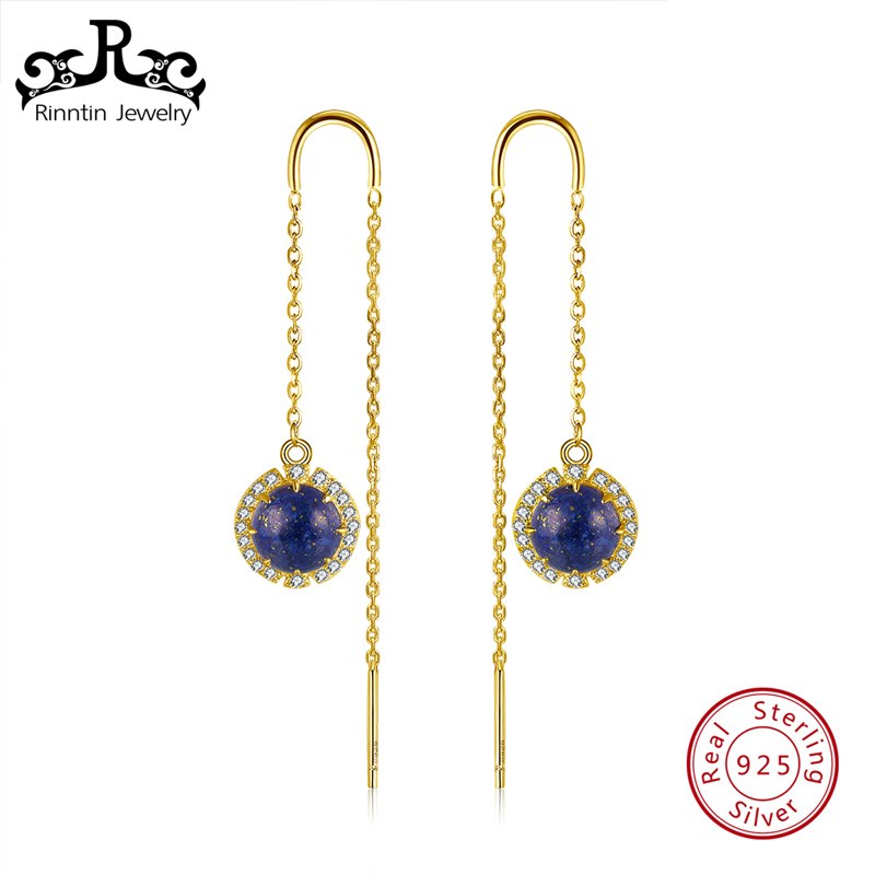 Genuine 925 Sterling Silver Women Drop Earrings Tassel Wire Long Chain Lapis With AAA Zircon Girls Party Jewelry TSE74-L