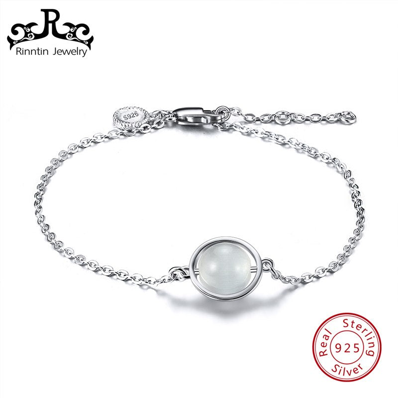 Pure 925 Sterling Silver Women Bangles & Bracelets Charms Cat Eye Lobster Buckle Girls Engagement Party Jewelry SB21-M