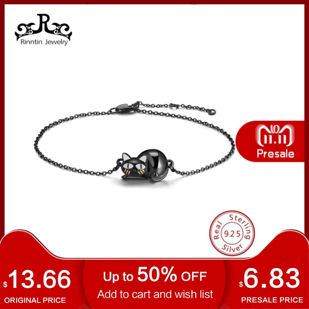 Real 925 Sterling Silver Charm Bracelets For Women 100% New Design Cute Black Cat Girl's Party Bracelet Jewelry TSB31