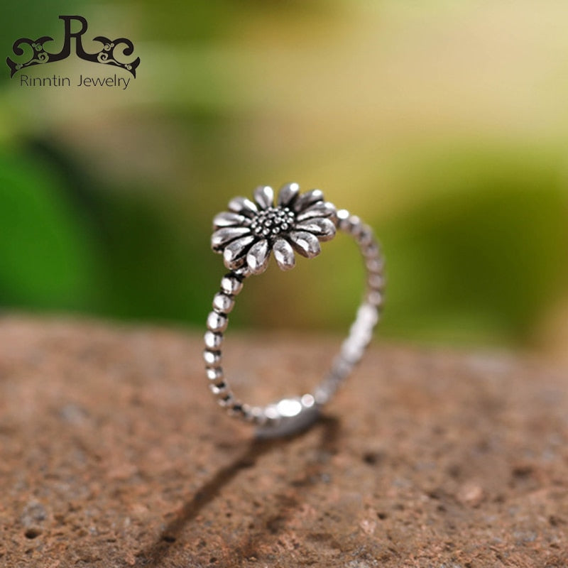 Real 925 Sterling Silver Vintage Rings For Women Sunflower Shape Adjustable Finger Ring Female Party Jewelry TPSR52