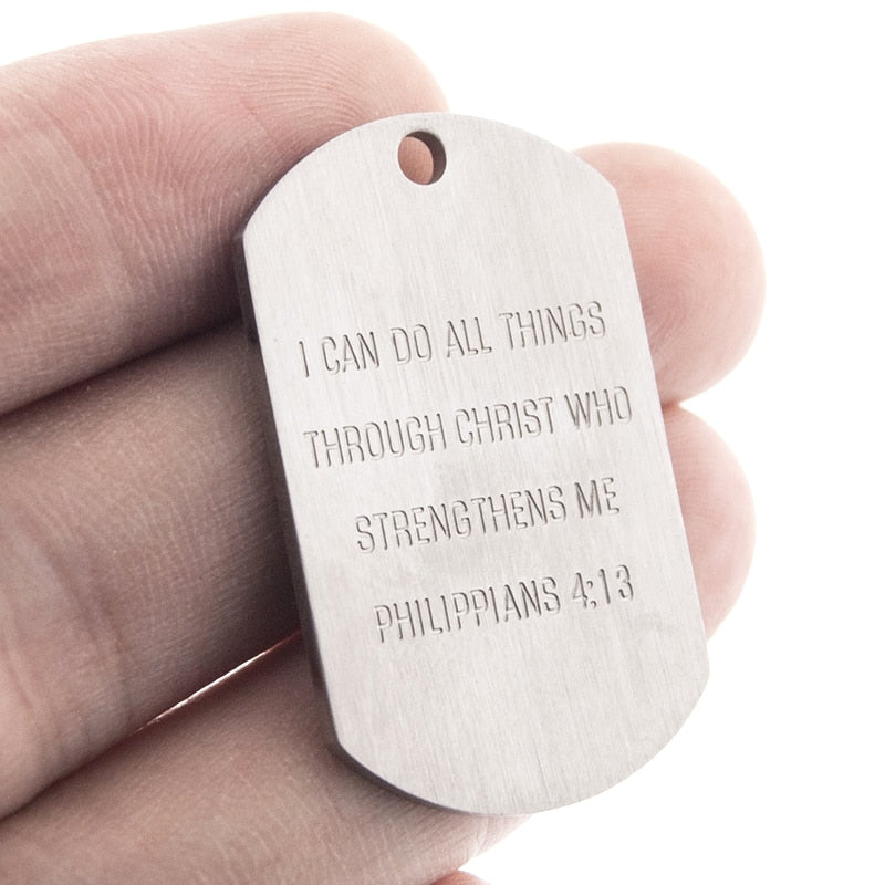 Risul Military tag Christianity Bible Philippians 4:13 matte 22x36mm Stainless steel brush polished pendant necklace 10pcs