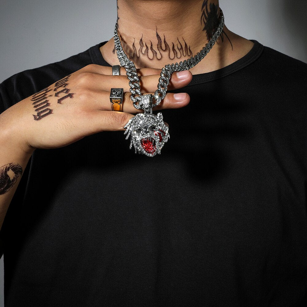 Roaring Lion Necklace Shout Iced out Leopard Rhinestone Shine Punk Pendant Necklace For Man Women Rock Miami Collar Jewelry