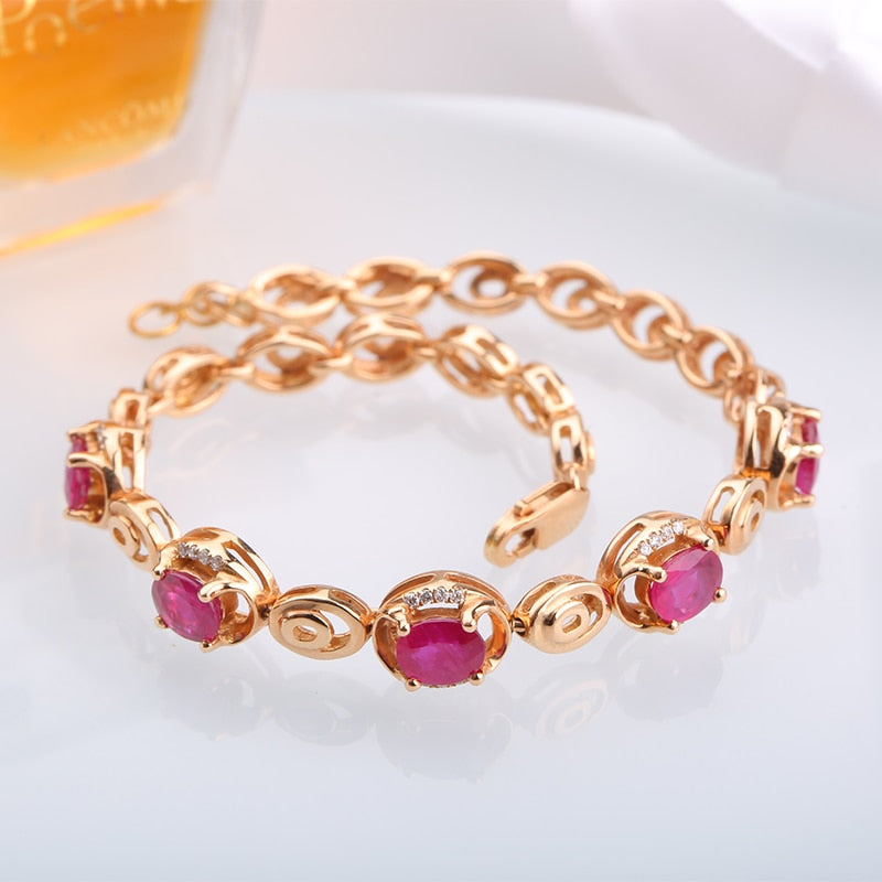 18K Rose Gold Color Chain Link Bracelets for Women Ladies Shining Natural Ruby and Diamond Fine Jewelry Gift