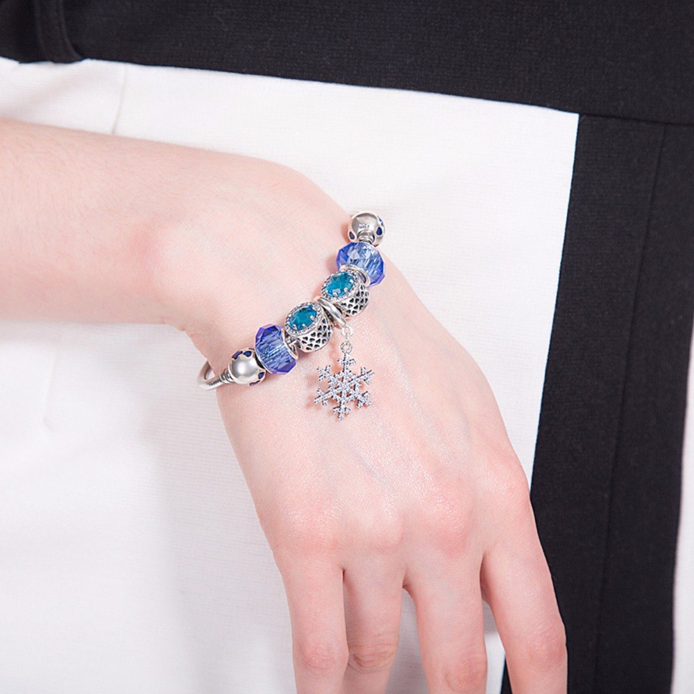 925 Sterling Silver Snow Flake Dangle Charm Bracelets Fashion Blue Beads Bangle Authentic Fine Jewelry
