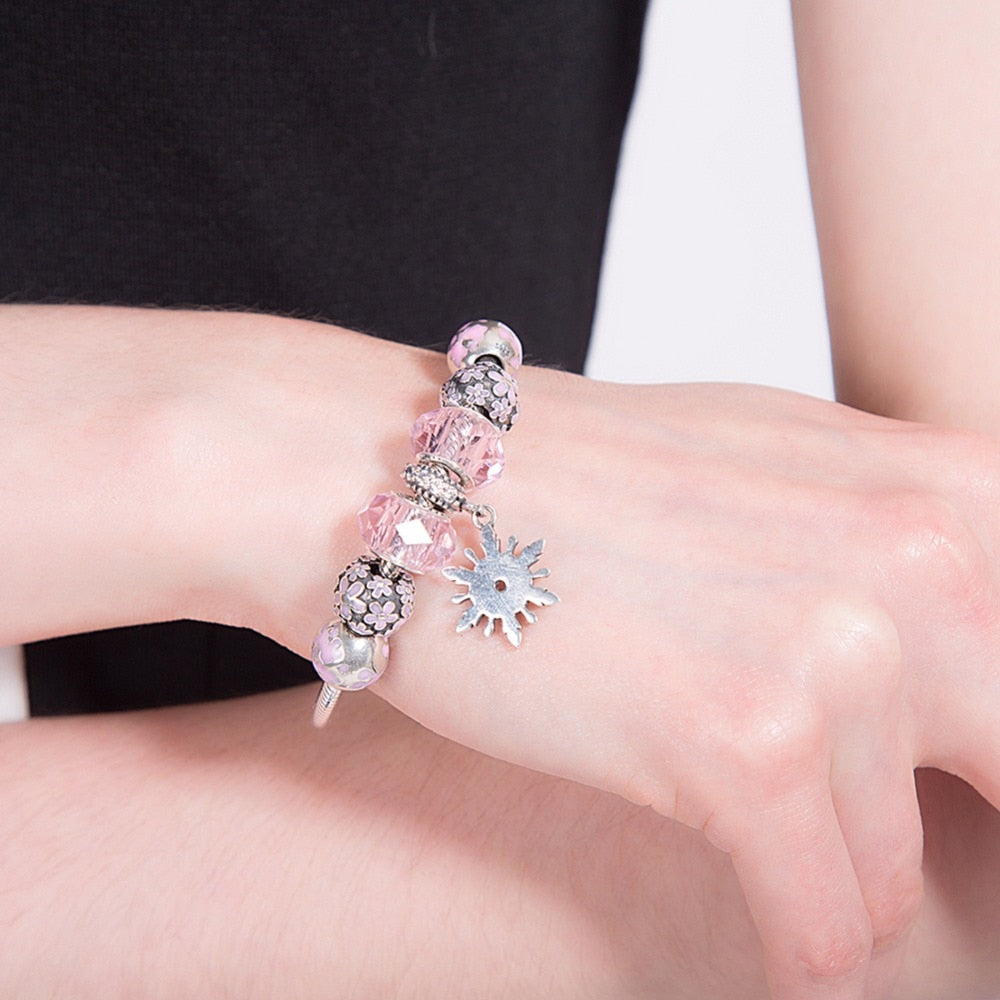 Brand New Pink Bracelets for Women Party Gift Charm Female Crystal Beads 925 Sterling Silver Fashion DIY Bangle Jewelry