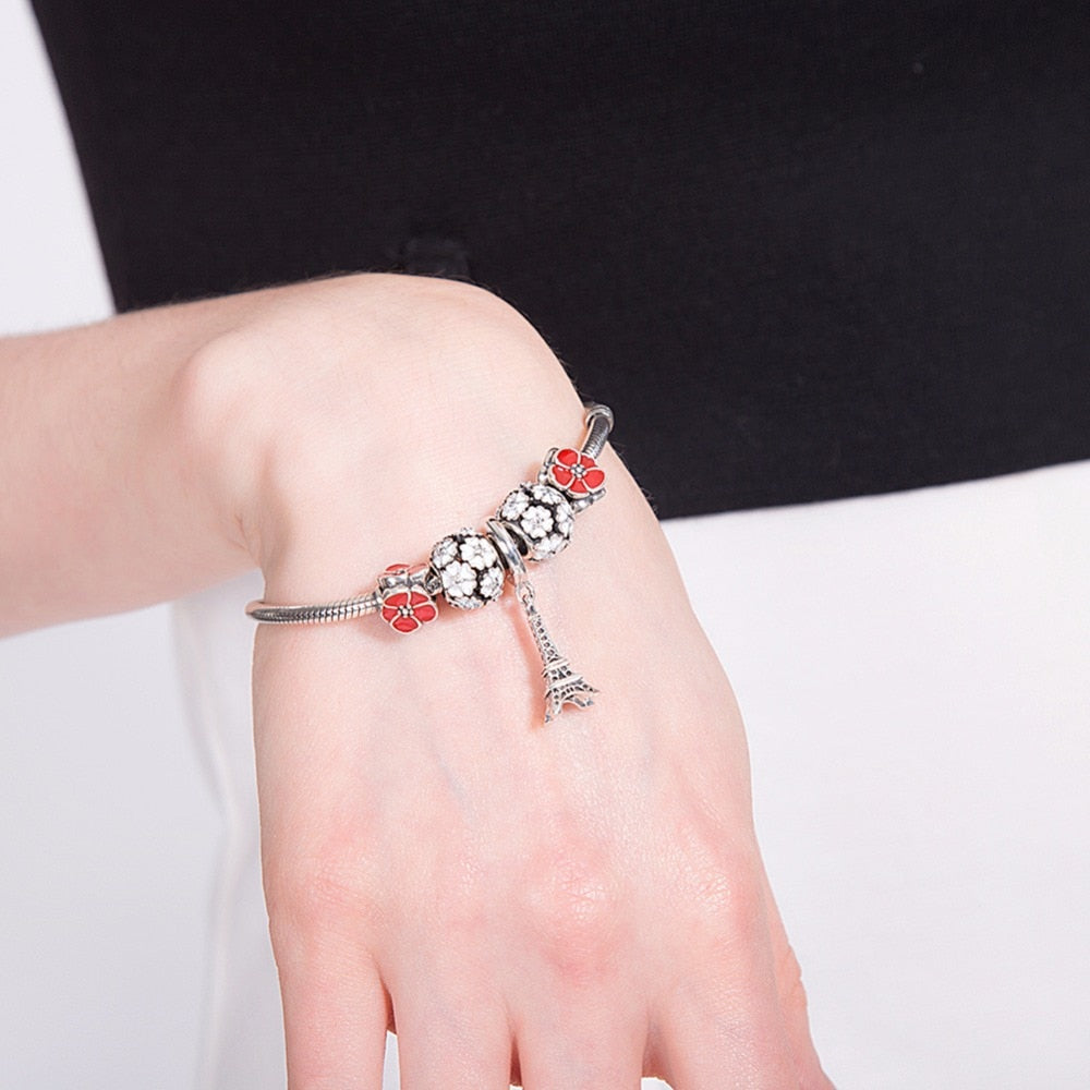 Effiel Tower Hanging Red Charm Bracelet For Women 925 Silver Pink Crystal Beads fit Fashion Bangles DIY Fine Jewelry
