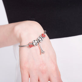 Effiel Tower Hanging Red Charm Bracelet For Women 925 Silver Pink Crystal Beads fit Fashion Bangles DIY Fine Jewelry