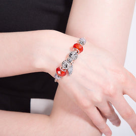 European Style Romantic Silver 925 Feather Red Charm Bracelets For Women Fit Original DIY Bracelets Brand Fine Jewelry