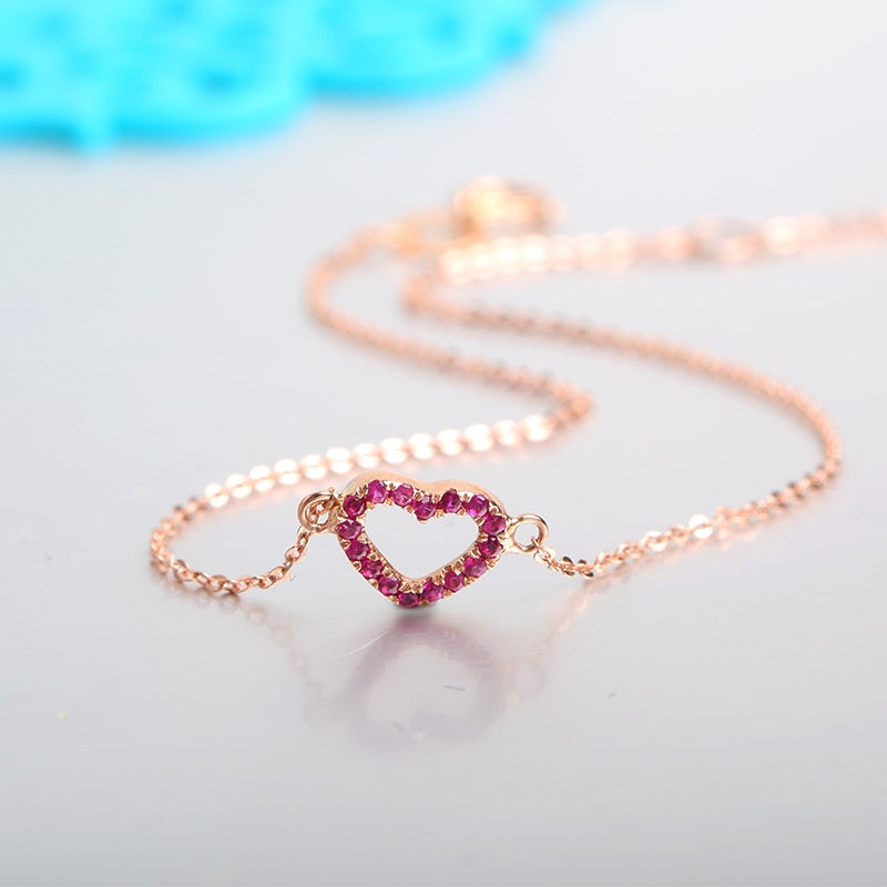 Heart Charm Bracelets 14K Rose Gold Natural Ruby Fine Jewelry For Women Red Bangle & Bracelet Wedding Gift