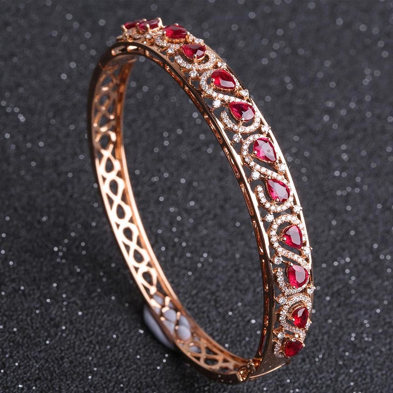 Latest Vintage Women Party Bangles Antique 18K Rose Gold Red Natural Ruby Bracelets Full Diamond Turkish Bijuteria
