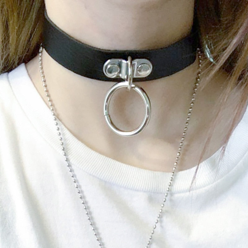 Rock Sexy Cool Gothic Collar Steampunk Necklace Women Men Chokers Leather Goth Punk Choker Necklace Round Loop Chunky Necklace