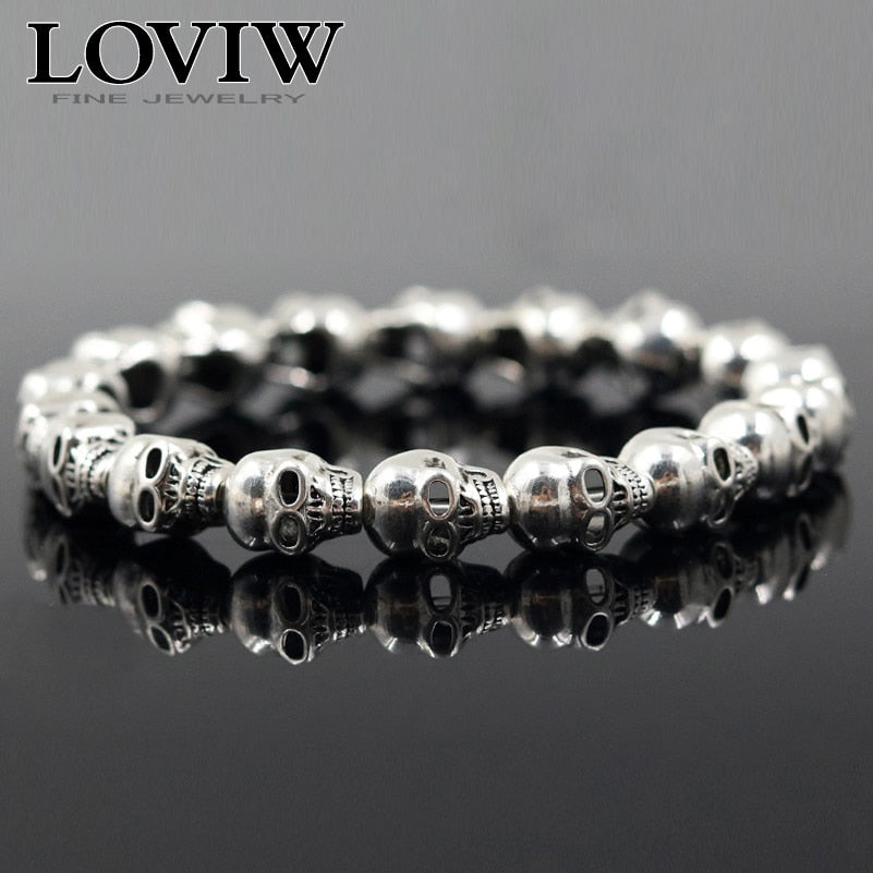 Rock hop Punk Skull Beads Bracelet 925 Sterling Silver thomas style skulls Jewelry co party jewellery new Gift for women