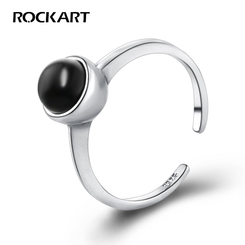 Authentic 925 Sterling Silver Natural Black Agate Gemstone Ring For Women Neo-Gothic Style Fine Jewelry Adjustable Rings