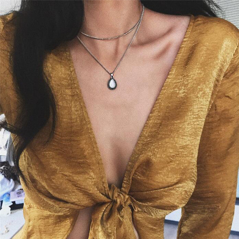 Vintage Drop Stone Pendant Necklace for Women Girls Jewelry Silver Color 2 layer Choker Necklace collares Jewelry Dropship