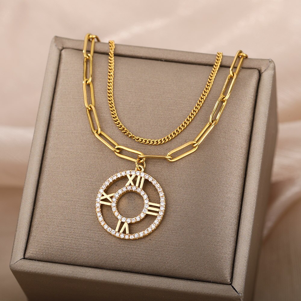 Roman Hanging Numeral Necklace For Women Stainless Steel Zircon Round Choker Pendant Necklace Party Jewelry Gift Charm Pin Chain