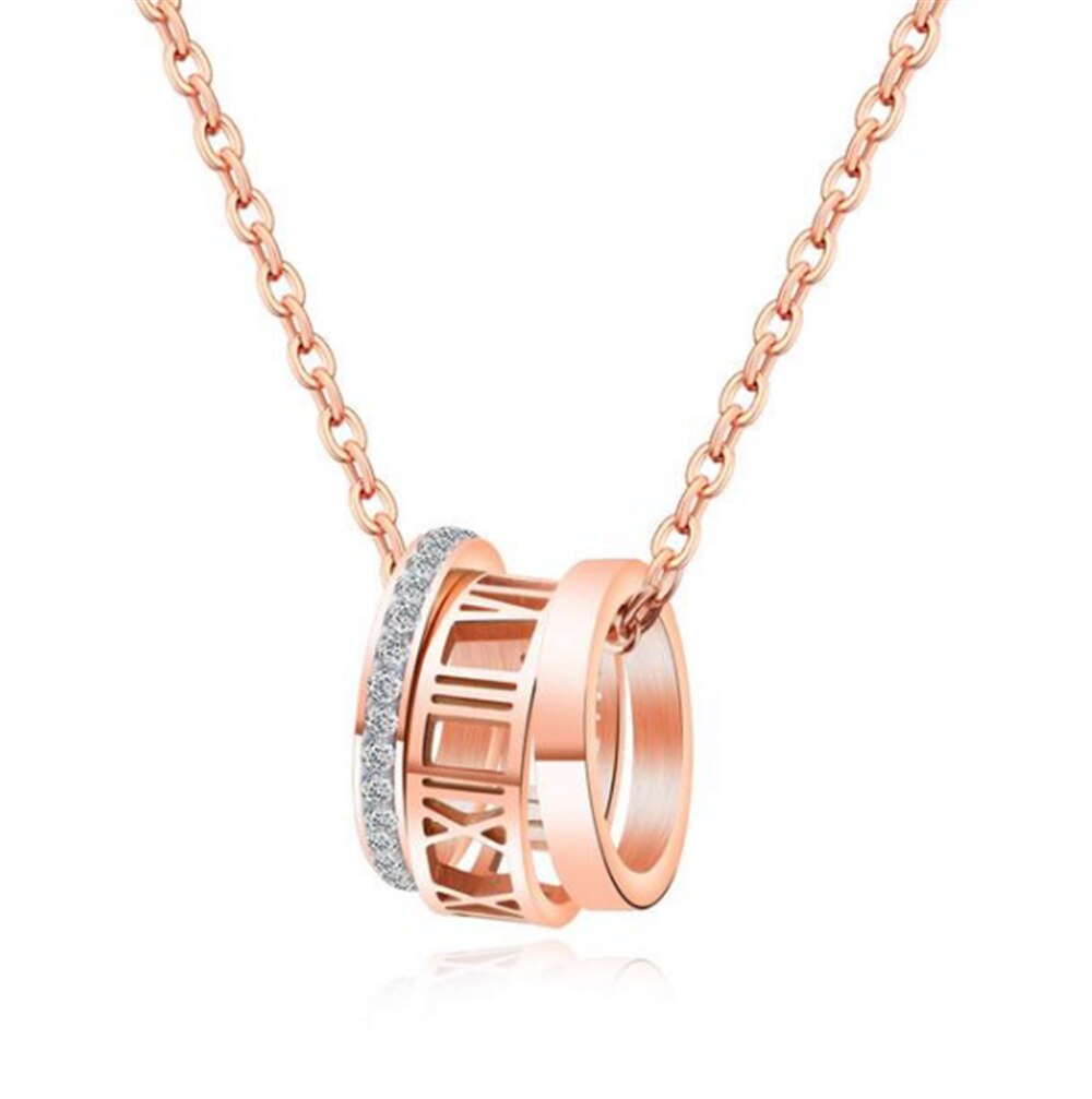 Roman Numerals Titanium Steel Women's Necklace Colorless Rose Gold Three Circle Crystal Zircon Wedding Necklace